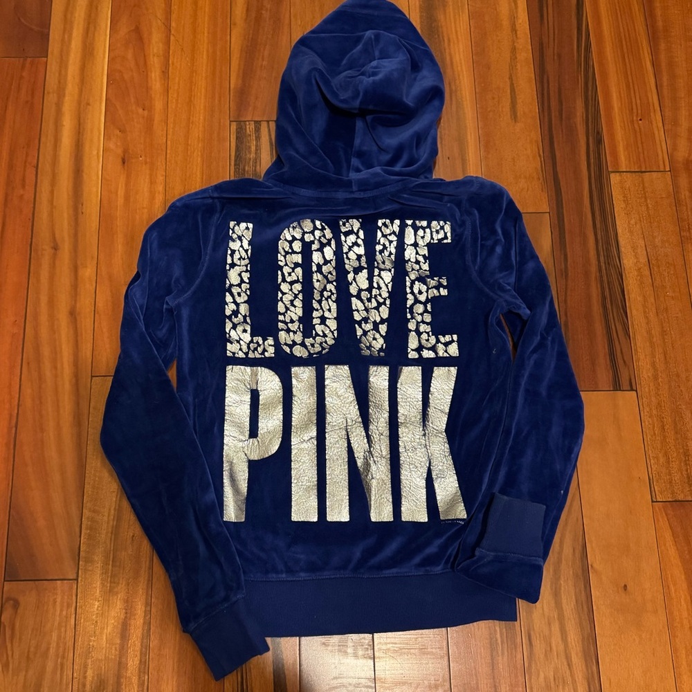 Y2K PINK Victoria's Secret Blue Velour Zip Up Hoodie